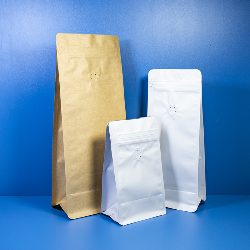 kraft zip resealable bags 8 side sealed paper bag with one way air valve for coffee bean and snack packaging paper