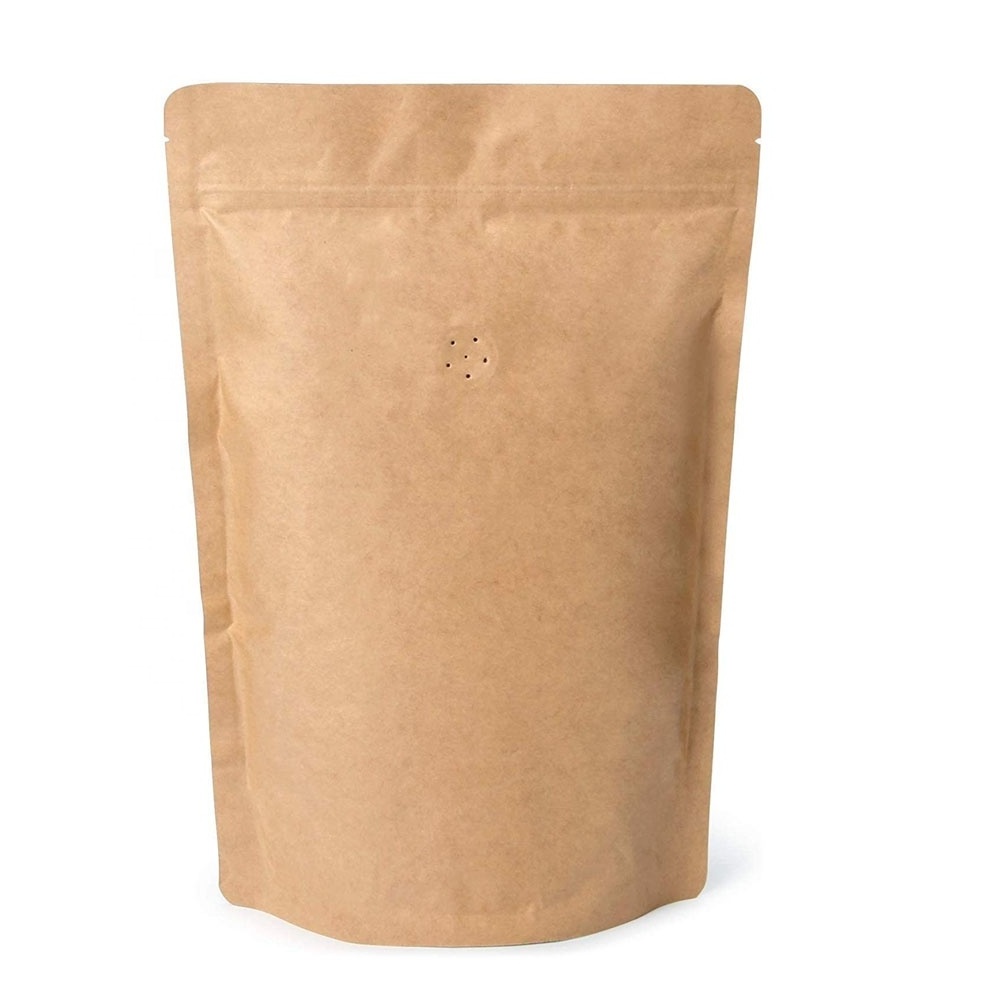 Kraft Paper Stand Up Coffee Bag Pouch Round Bottom, Zip Lock, Degassing Valve and Heat Seal-able.