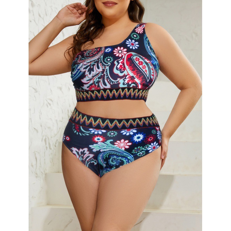 New styles plus size bikinis wholesale printing one-shoulder high waist 2-piece beach swimsuits custom LOGO and women's swimwear