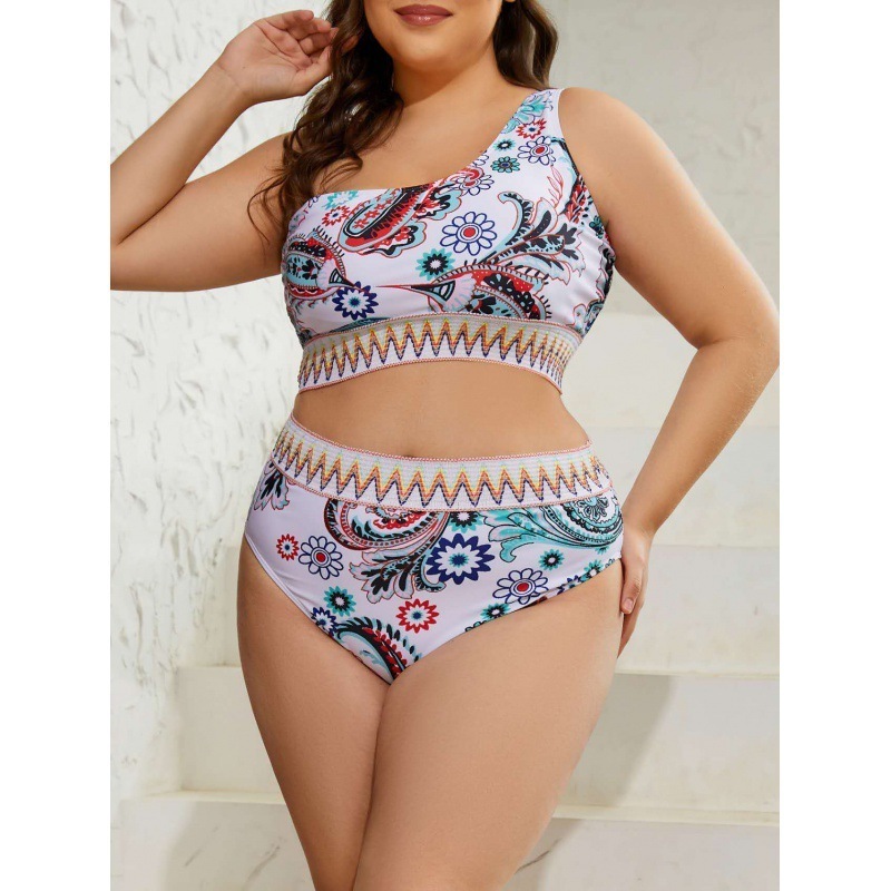 New styles plus size bikinis wholesale printing one-shoulder high waist 2-piece beach swimsuits custom LOGO and women's swimwear