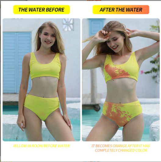 customize Sexy Color Change  Bikini Set Two Pieces Swimming Temperature Sensitive swimsuit Solid High Waisted Swimwear