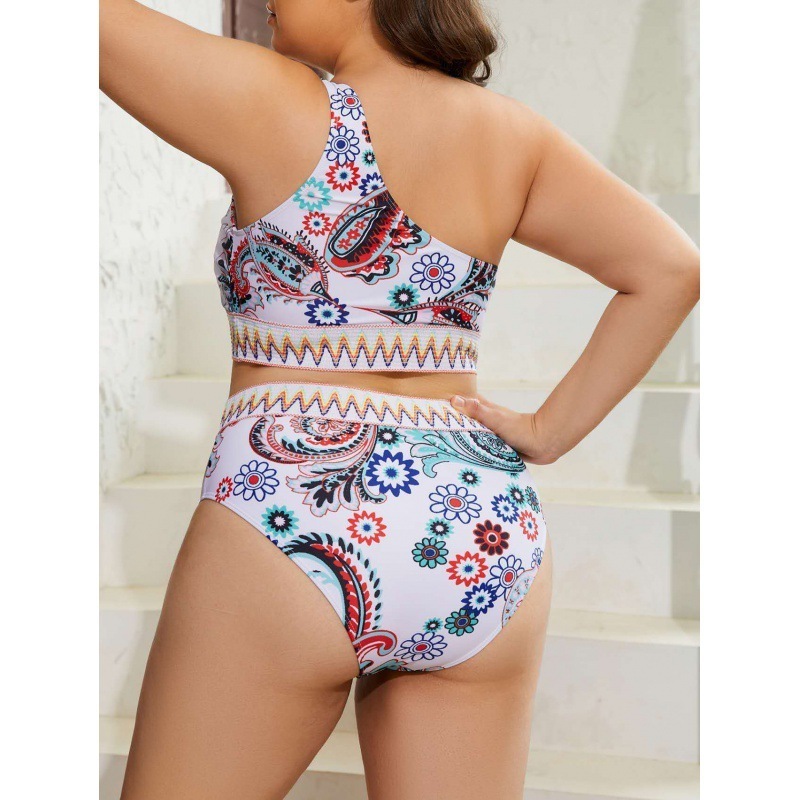 New styles plus size bikinis wholesale printing one-shoulder high waist 2-piece beach swimsuits custom LOGO and women's swimwear