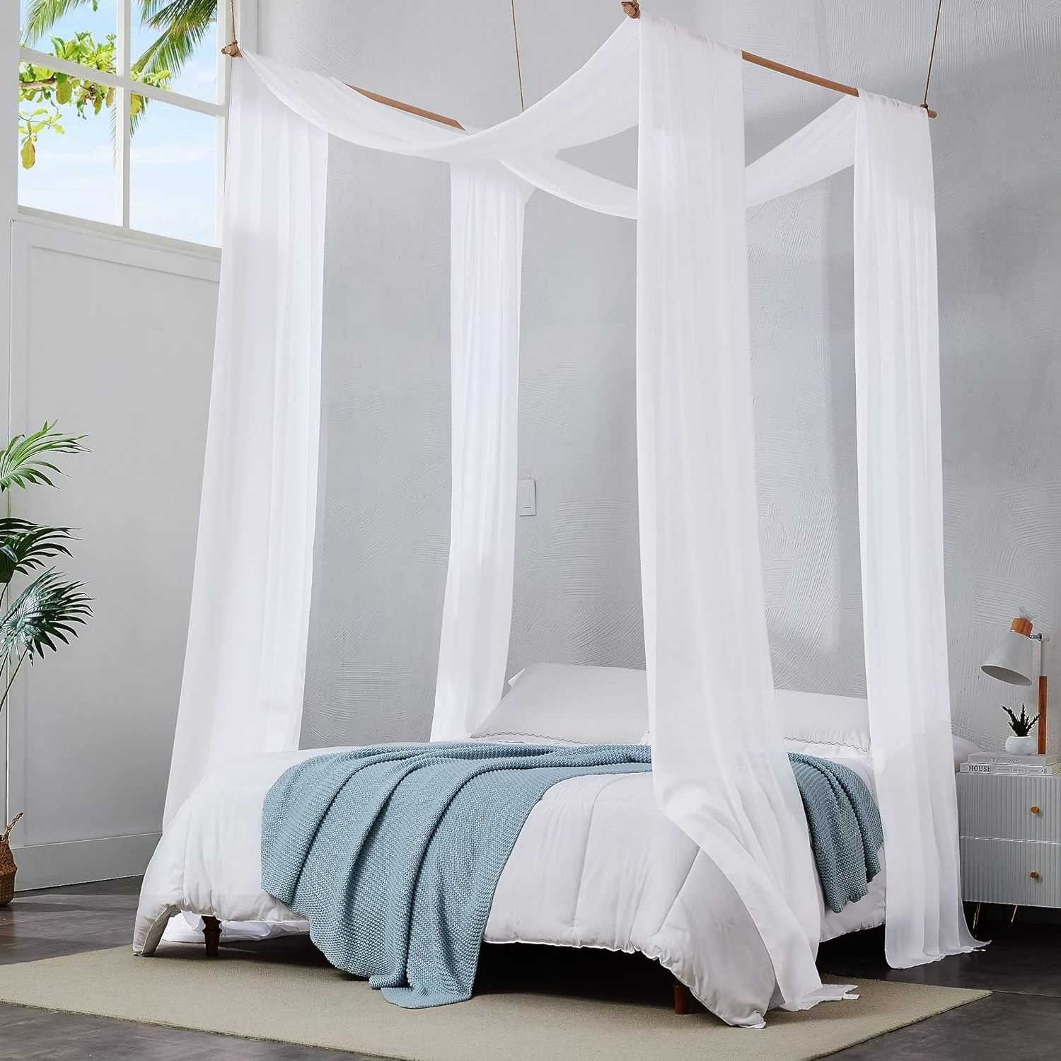 Pair of 2 White Canopy Bed Curtains 35 x 144 Inches Bed Curtains for Double or Twin Size Bed Great as Canopy for Girls Room