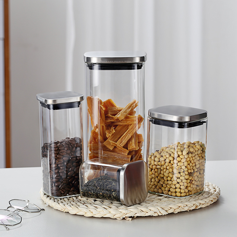 Wholesale clear high borosilicate square wide mouth glass jar with stainless steel lid