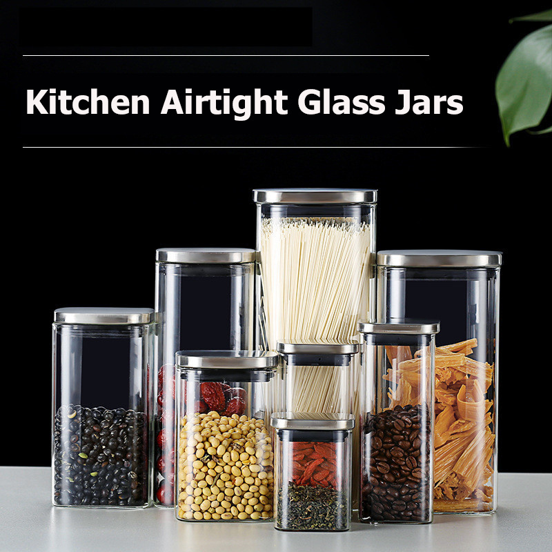 Wholesale clear high borosilicate square wide mouth glass jar with stainless steel lid