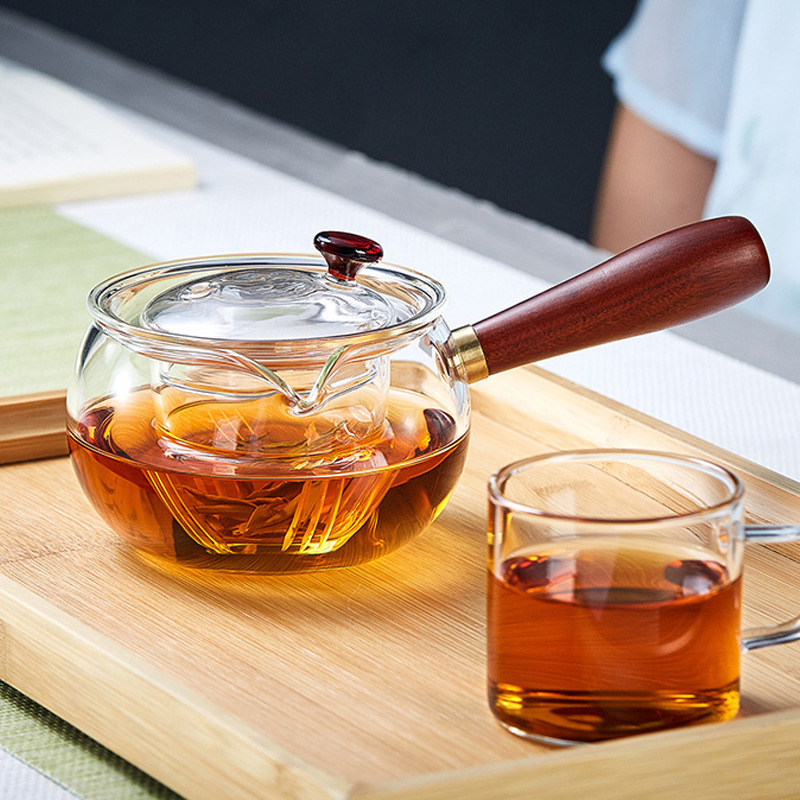 Heat-resistant Transparent High Borosilicate Glass Teapot Tea Kettle With Wood Handle