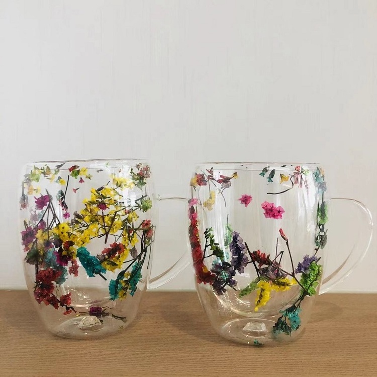 Handle Cups Double Walled Borosilicate Glass Mug For Infusing Dry Flowers Double Wall Glass Mugs