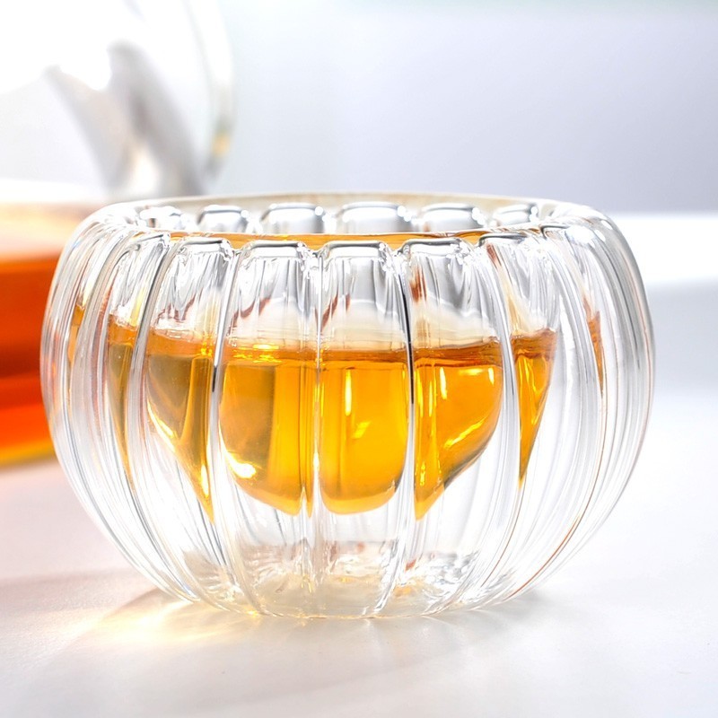 50ml New Design Striped Pumpkin Shape Hign Borosilico Glass Double Wall Glass Tea Cup