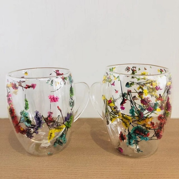 Handle Cups Double Walled Borosilicate Glass Mug For Infusing Dry Flowers Double Wall Glass Mugs