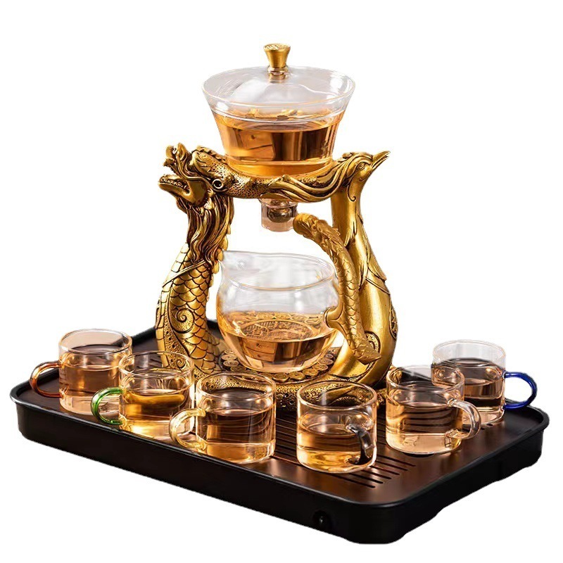 Chinese Creativity high borosilicate Magnetic Water Diversion Rotating Semi-Automatic Glass Tea pot set with teapot