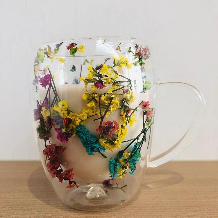 Handle Cups Double Walled Borosilicate Glass Mug For Infusing Dry Flowers Double Wall Glass Mugs