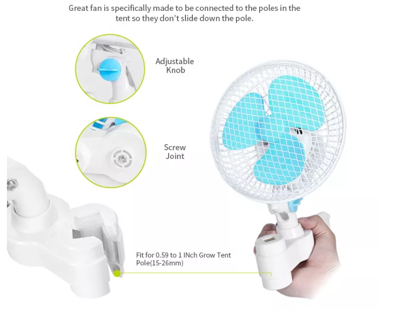 Plant Tent  6 inch Clip on Fan with 2 Speed Motor 6 inch Quiet oscillating fan for Hydroponics Circulation ventilation