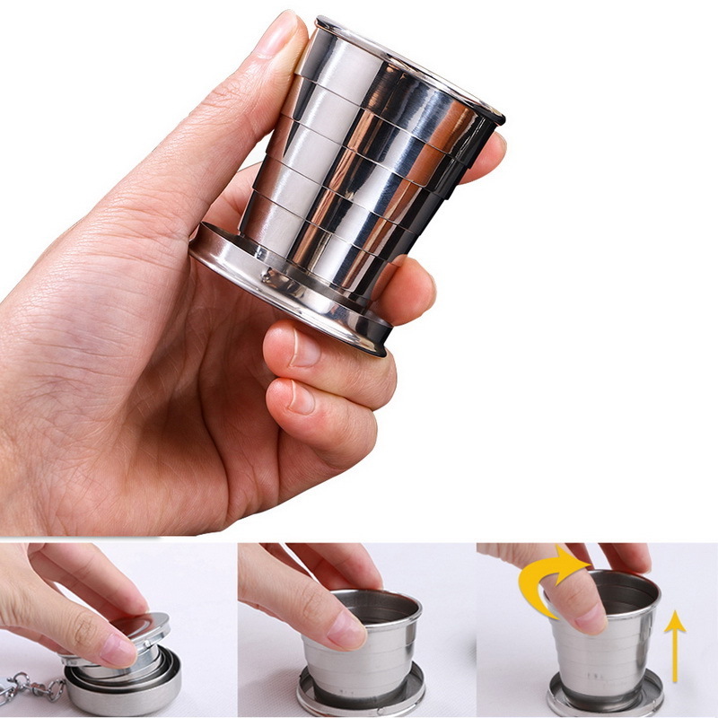 Outdoor Travel Retractable Telescopic Collapsible Portable Stainless Steel Folding Cups With Keychain