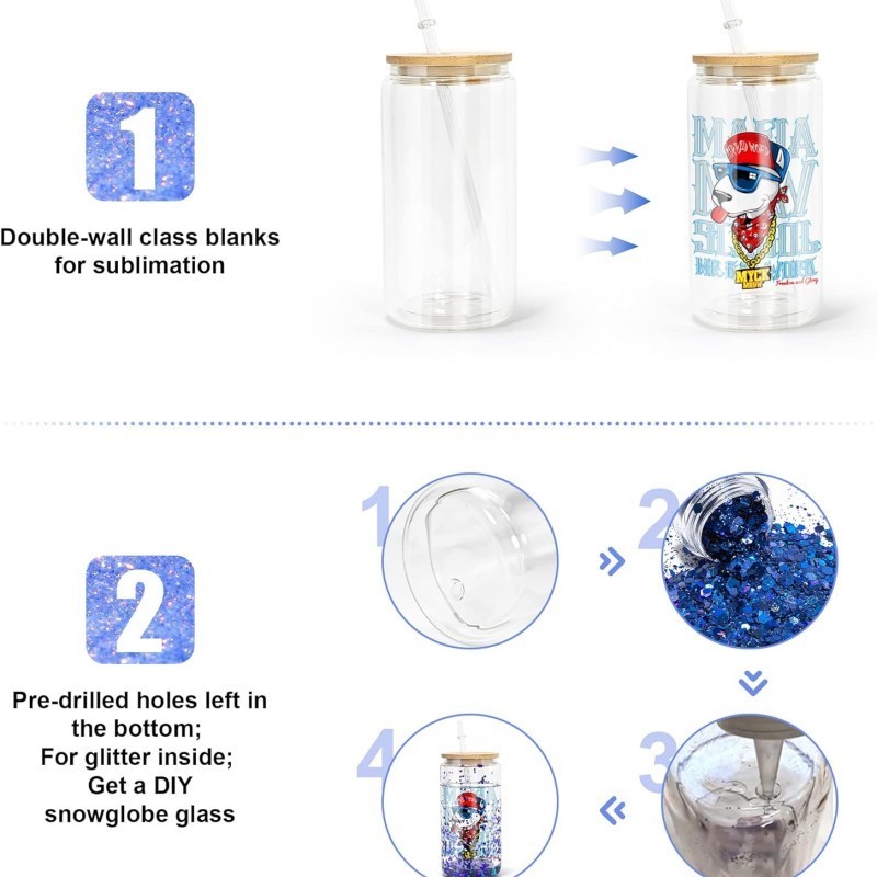 16oz sublimation snow globe glassware cup  pre drilled water tumbler clear iced coffee mug double wall beer can glass with lid