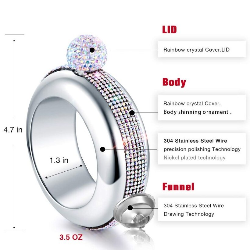 Rainbow Crystal Bracelet Hip Flask Portable Round Flask for Alcohol Drinkware Bracelet Jewelry Alcohol Bottle Gift 3.5Oz