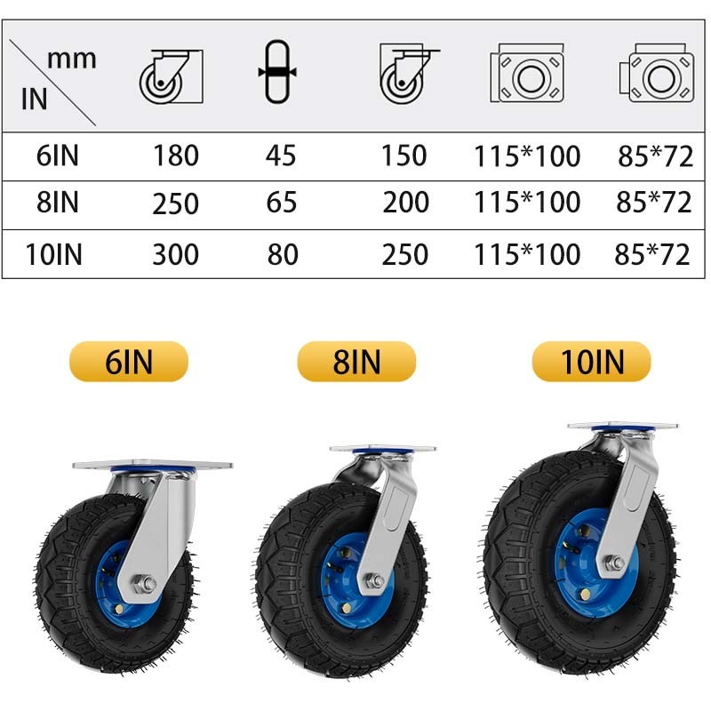 8 inch high load capacity 150kg industrial heavy duty pneumatic swivel trolley wagons caster wheels with side brake