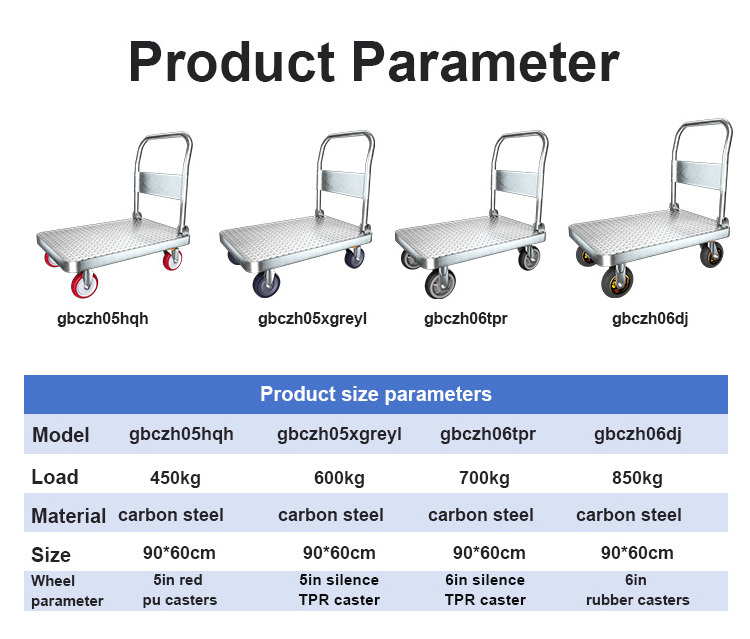 90*60cm 600kg steel durable Platform Hand Truck carts and trolley with 5in nylon wheel  for Warehouse Transport