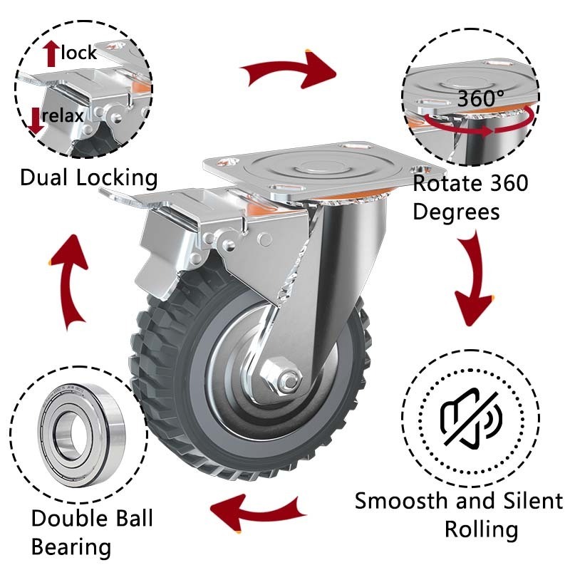 4 5 6 8 inch Heavy duty PU polyurethane caster wheel metal guard double ball bearing swivel total brake cart wheels