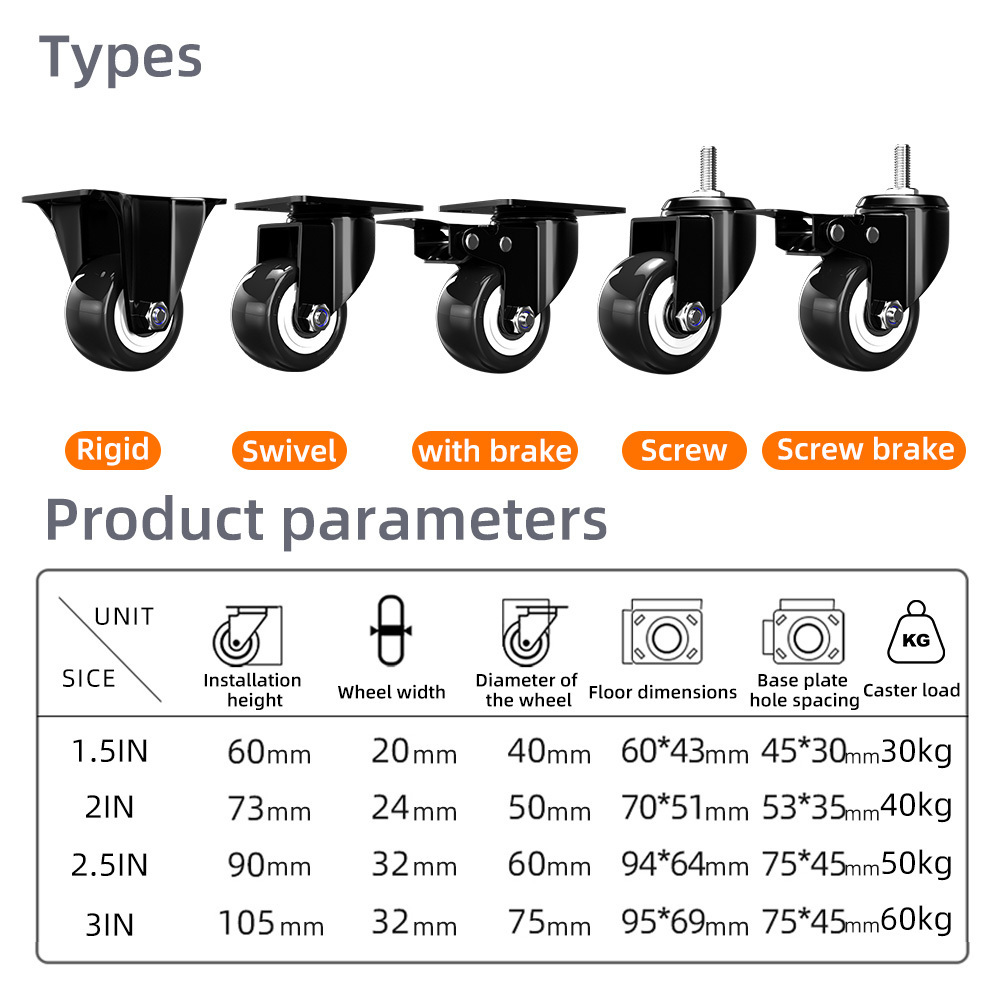 1.5/2/2.5/3 inch light duty red/black/orange PU swivel furniture castor wheels with double brake for