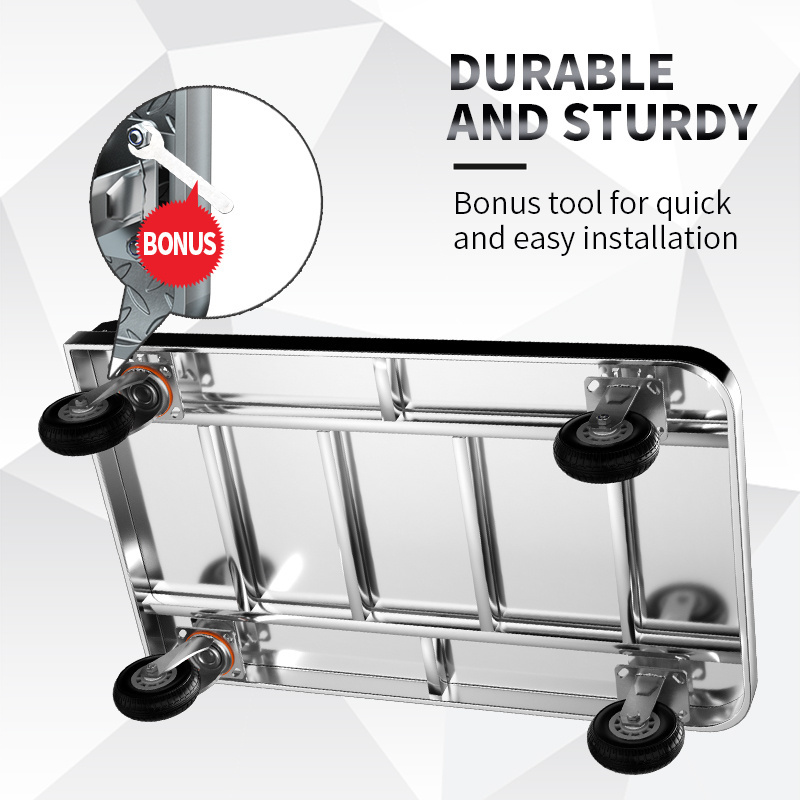 Wholesale 72*48cm Stainless Steel Platform Trolley Hand Cart  Foldable High Duty Warehouse Cargo Mobile Premium Flatbed Trolley