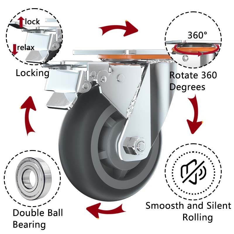 Heavy Duty 5inch 4inch Tpe Shopping Cart Caster 100mm 125mm Swivel Castor Tpr Wheel For Hand Cart Roller