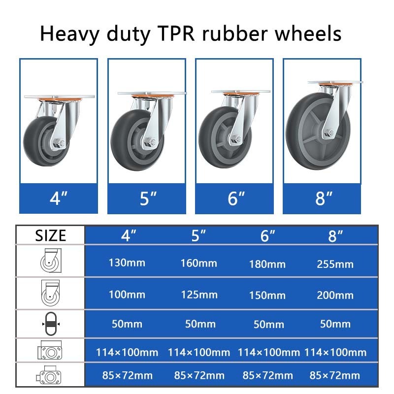 Heavy Duty 5inch 4inch Tpe Shopping Cart Caster 100mm 125mm Swivel Castor Tpr Wheel For Hand Cart Roller