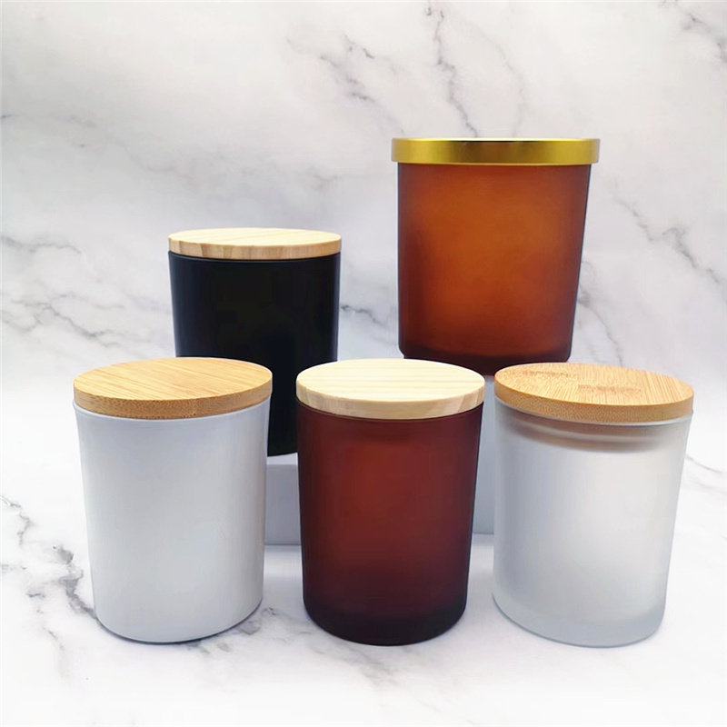 wholesale 10oz 14oz reusable transparent white black amber red blue candle container glass jar with gold wooden bamboo lid