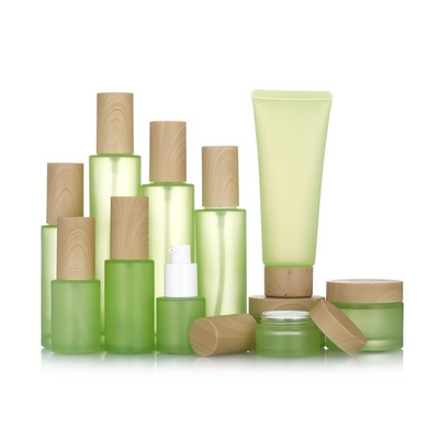 Empty Light Green Frosted Glass Cosmetic Packaging Sets Cream Jar Glass Bottle For Toner Lotion With Bamboo Pattern Lid