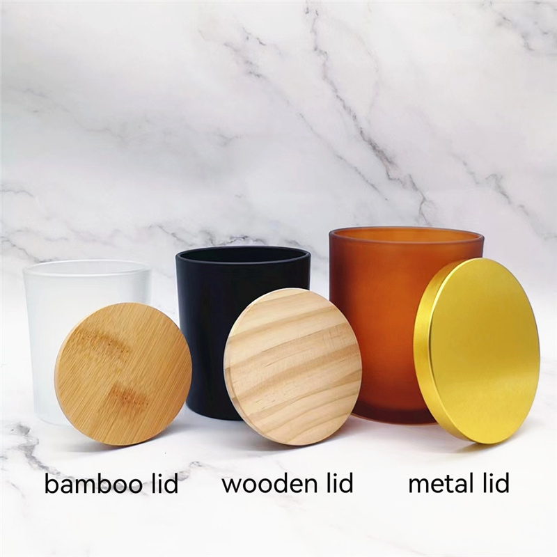 wholesale 10oz 14oz reusable transparent white black amber red blue candle container glass jar with gold wooden bamboo lid