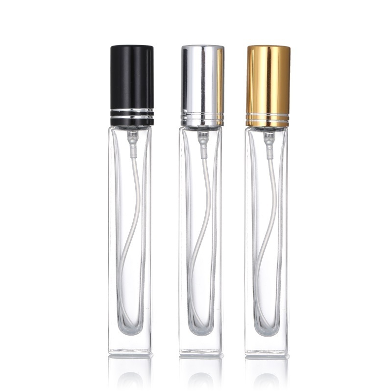 10ml empty refillable round square transparent glass perfume spray bottle with black gold silver sprayer