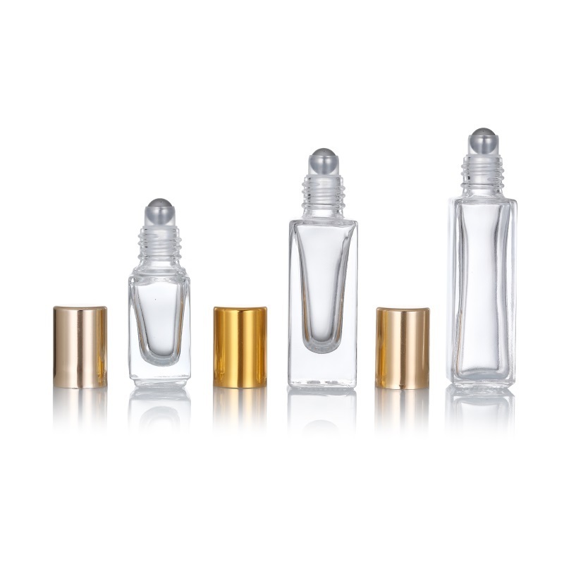 Empty luxury cosmetic packing transparent 3ml 6ml 10ml perfume oil glass square roller bottles with steel roller ball