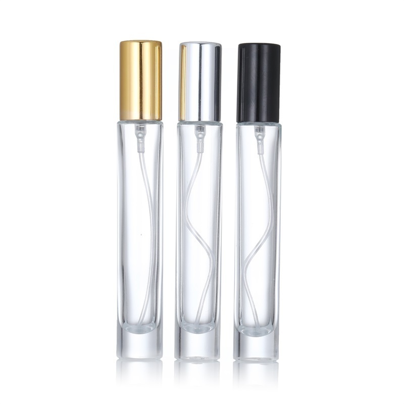 10ml empty refillable round square transparent glass perfume spray bottle with black gold silver sprayer