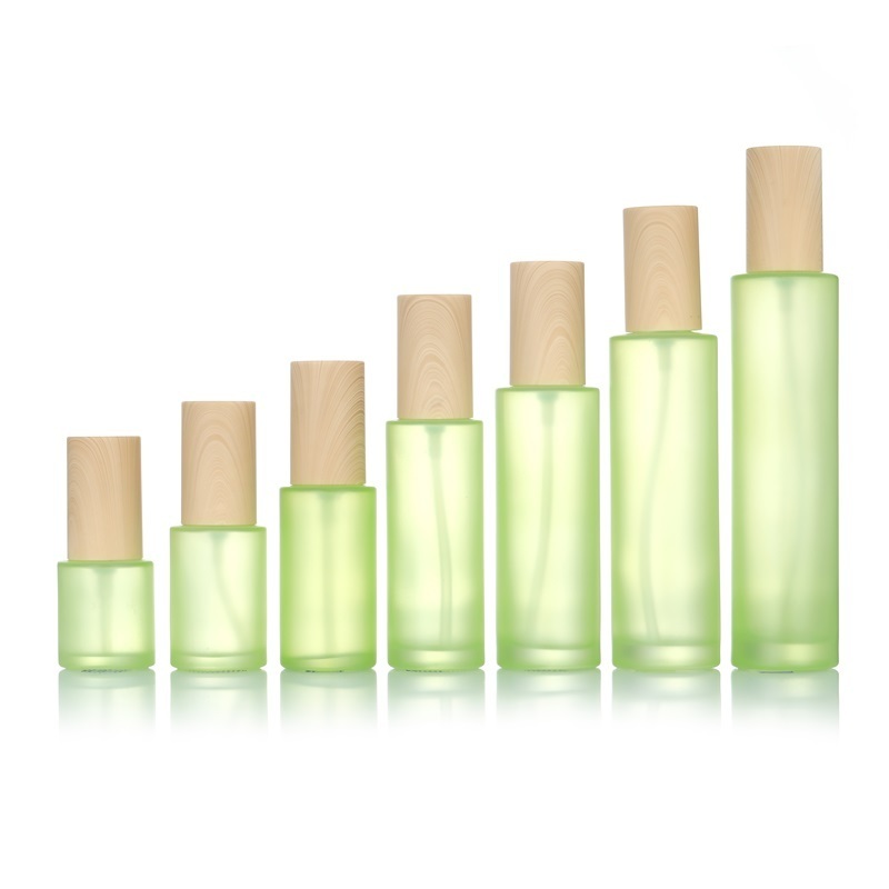 Empty Light Green Frosted Glass Cosmetic Packaging Sets Cream Jar Glass Bottle For Toner Lotion With Bamboo Pattern Lid