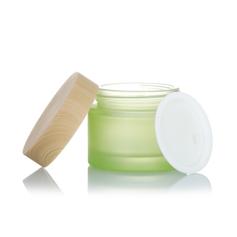 Empty Light Green Frosted Glass Cosmetic Packaging Sets Cream Jar Glass Bottle For Toner Lotion With Bamboo Pattern Lid