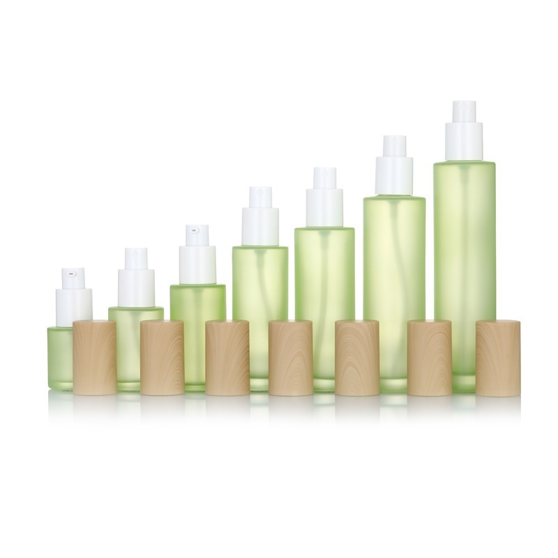 Empty Light Green Frosted Glass Cosmetic Packaging Sets Cream Jar Glass Bottle For Toner Lotion With Bamboo Pattern Lid