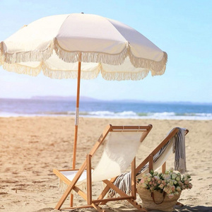 Custom Logo Large Outdoor Portable White Cotton Fringe Canopy Parasol Boho Wood Tassels Beach Umbrella