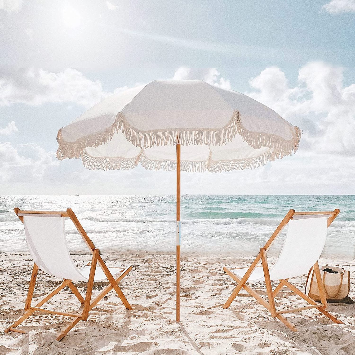 Custom Logo Large Outdoor Portable White Cotton Fringe Canopy Parasol Boho Wood Tassels Beach Umbrella