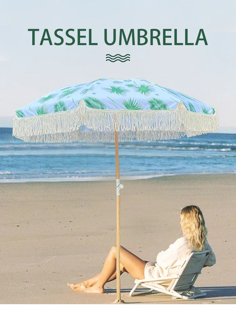 Custom Logo Large Outdoor Portable White Cotton Fringe Canopy Parasol Boho Wood Tassels Beach Umbrella