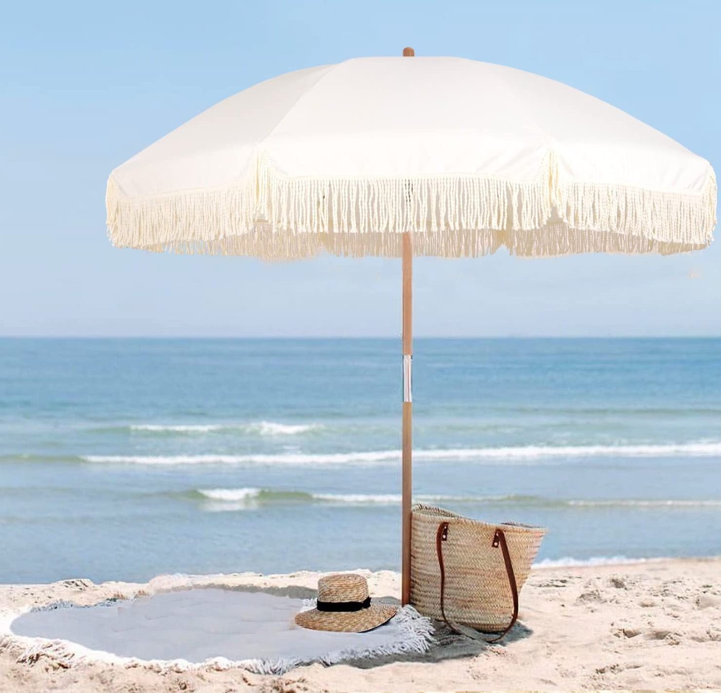 Custom Logo Large Outdoor Portable White Cotton Fringe Canopy Parasol Boho Wood Tassels Beach Umbrella