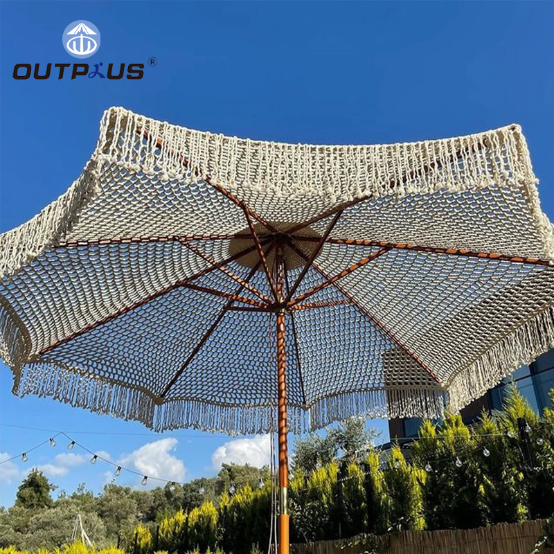 Custom Luxury Wooden Pole 2.4m Cotton Rope Tassels Fringe Outdoor Parasol Swimming Pool Garden Decorated Large Patio Umbrellas