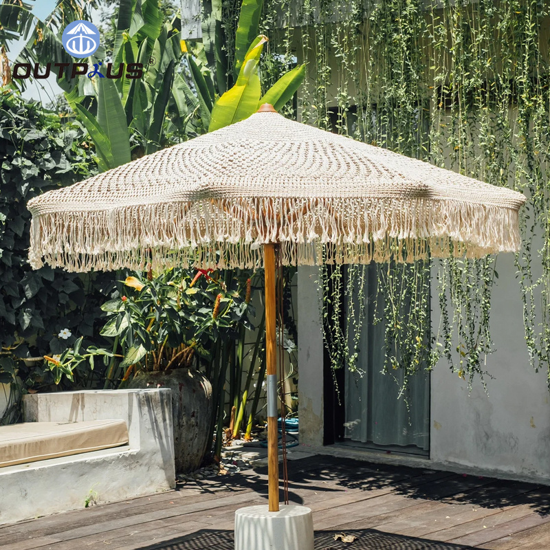 Custom Luxury Wooden Pole 2.4m Cotton Rope Tassels Fringe Outdoor Parasol Swimming Pool Garden Decorated Large Patio Umbrellas