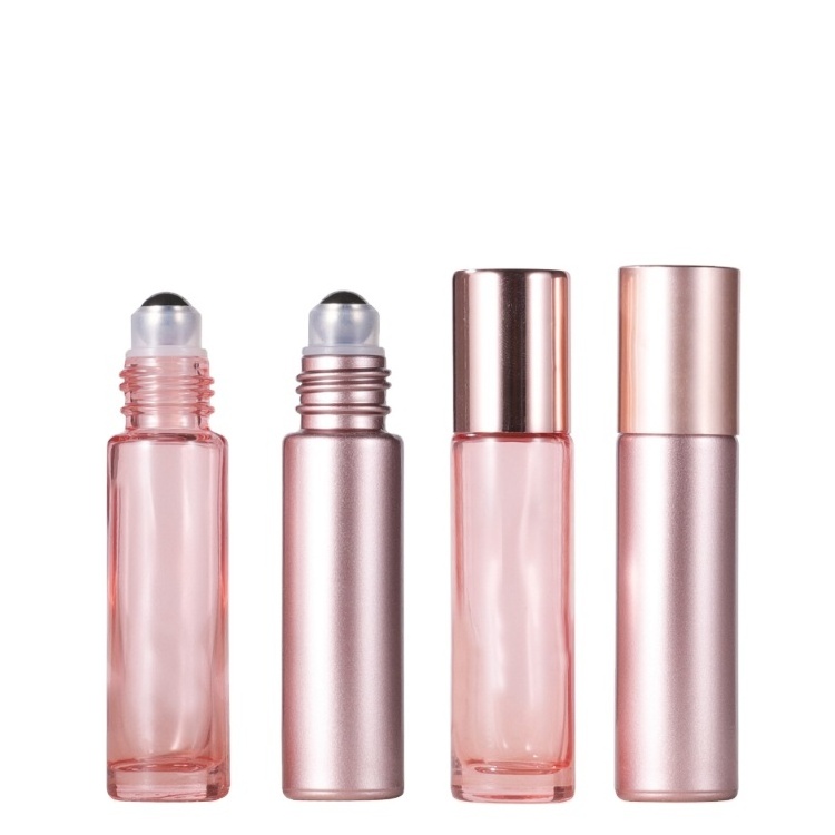 10ml pink rainbow color glass roll on bottle with crystal gemstone/steel roller rose gold cap for perfume essential oil