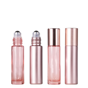 10ml pink rainbow color glass roll on bottle with crystal gemstone/steel roller rose gold cap for perfume essential oil