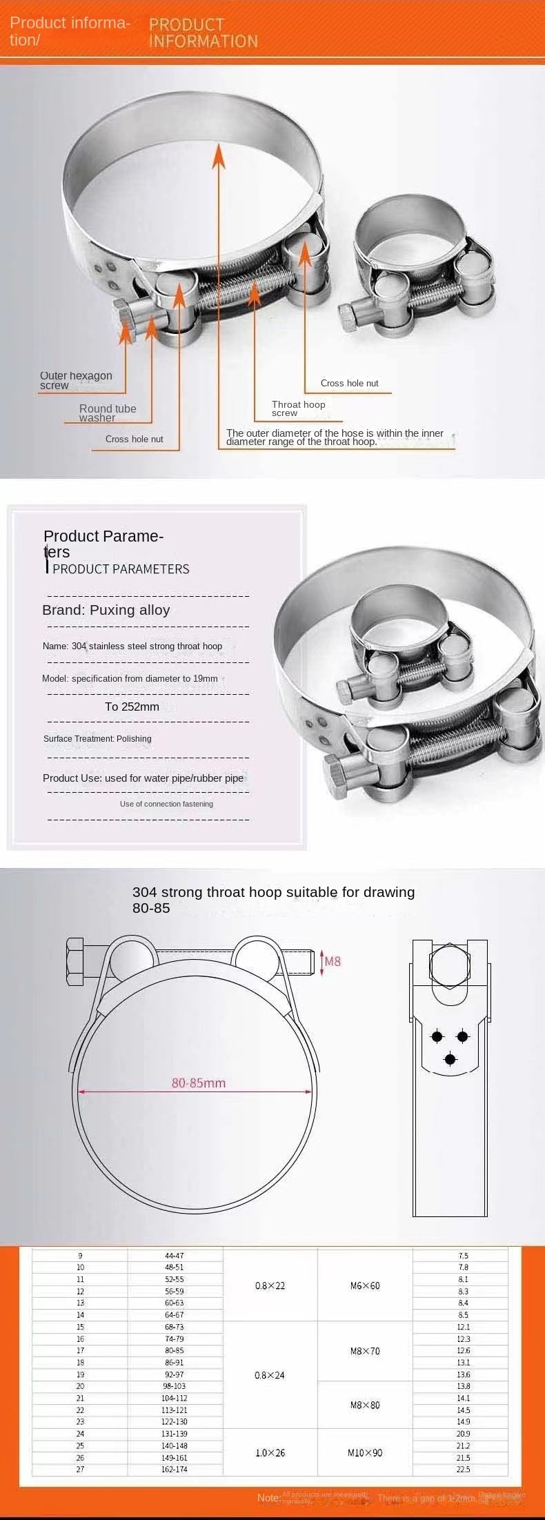 2024 PUX W1/W2/W4 Galvanized Power Hose Clamp / Strong Throat Hoop heavy duty hose clamp