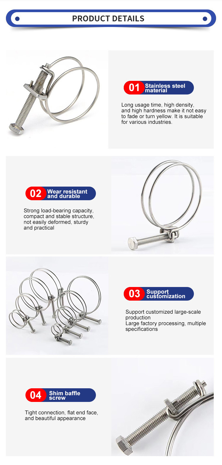 Industry bolt double wire spring hose clamp stainless steel metal adjustable wire clip cable clamp