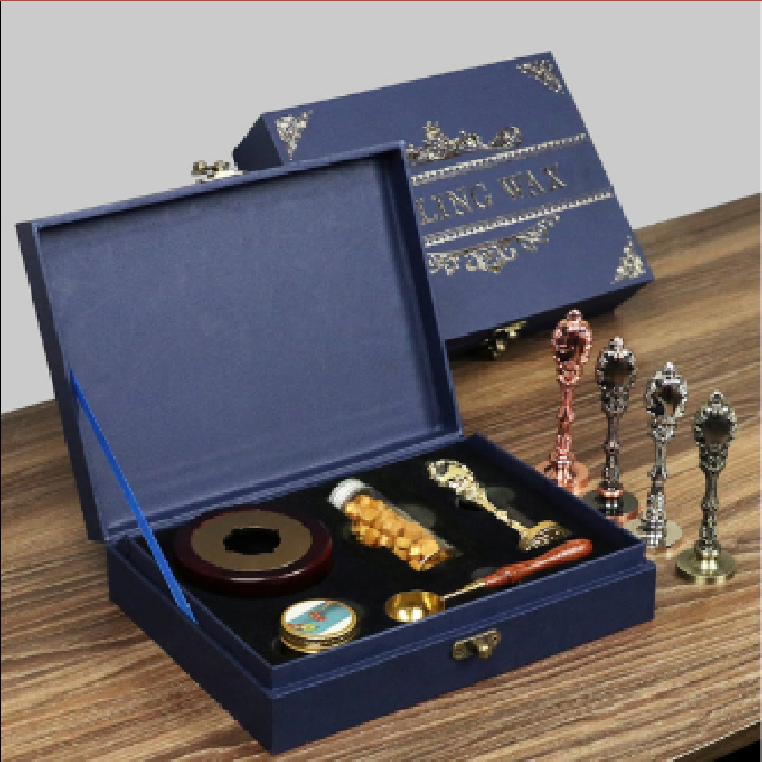 Retro Office Use Sealing Wax Set Includes Melting Pot Box and Paper Stamps Made of Resin and Paper