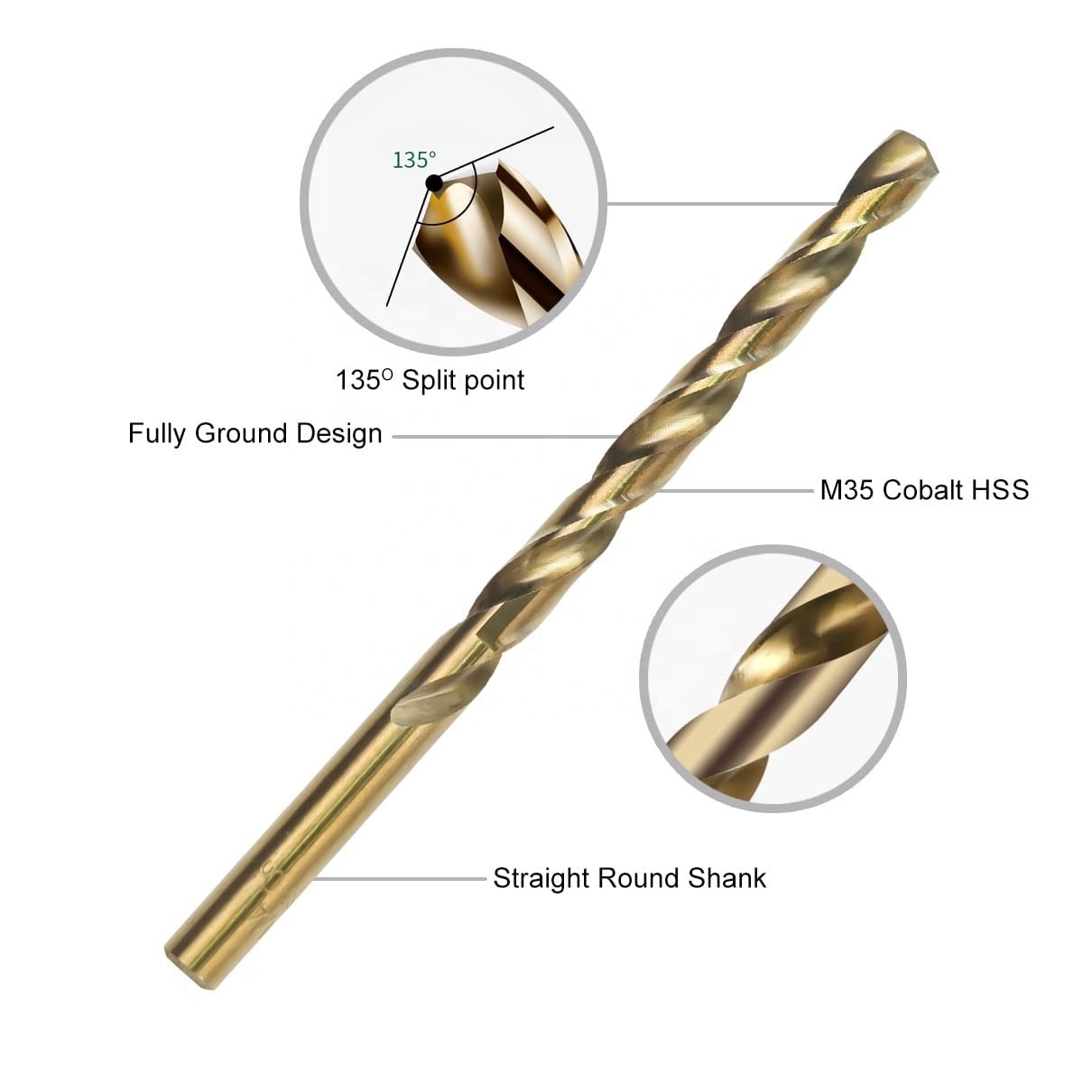 DIN338 Fully Ground M35 Co5% Metal Cobalt Hss Twist Drill Bit Straight Shank For Metal Stainless Steel Drilling