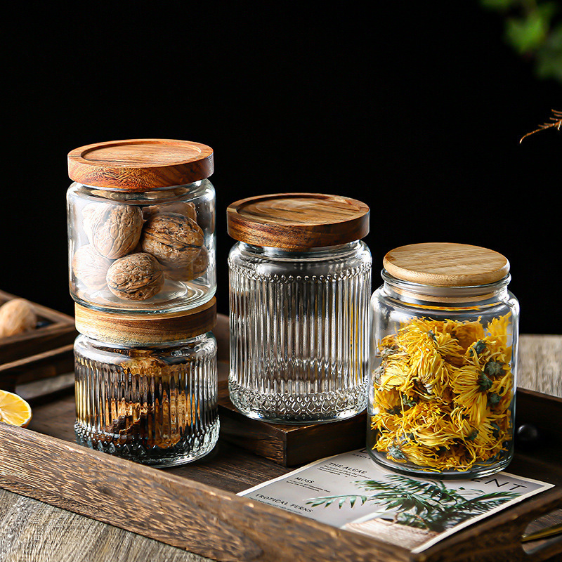 Kitchen Storage Jar Canister Set Jar Storage Bottles & Jars Cover with Custom Airtight Bamboo Wood Lids Bulk Food Glass