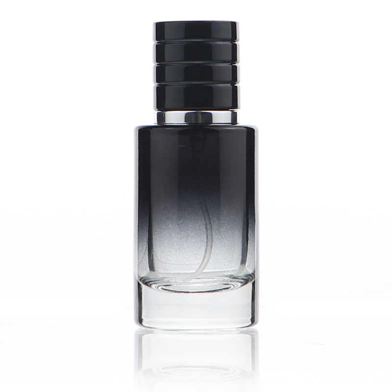 Luxury Cosmetic Packaging Portable cylinder gradient black glass 30ml perfume bottle with press spray