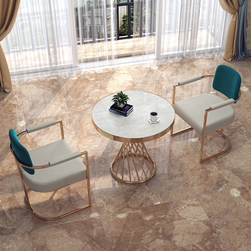 Luxury Golden Stainless Steel Restaurant Furniture Tea Table Modern Titanium Marble Dinning Table In Hotel